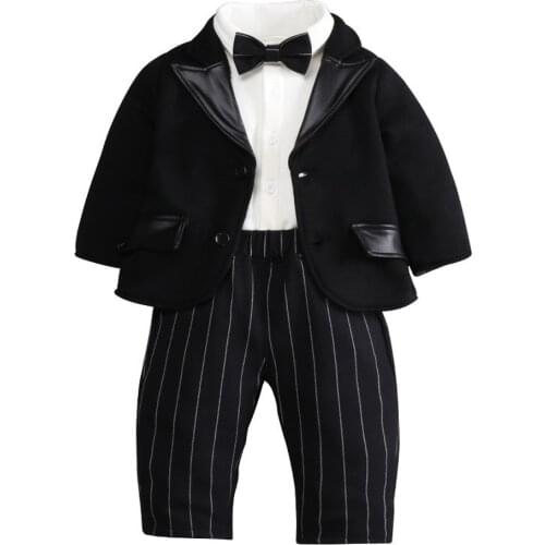 Boys Gentleman Clothes Baby Formal Dress Blazer Bow Tie Black Coat White Shirts Overalls 4 Pieces Kids Birthday Wedding Suits
