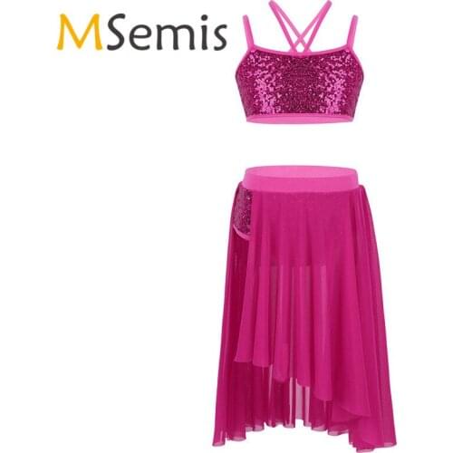 Dress for Ballroom Dancing Kids Girls Dress for Latin Lyrical Ballet Dance Outfit Sequins Straps Crop Top with Tulle Skirt Set