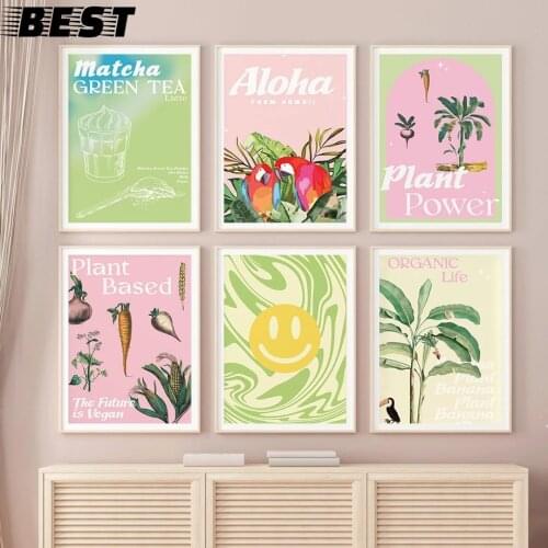 Flat White Green Tea Parrot Banana Plant Wall Art Canvas Painting Nordic Posters And Prints Wall Pictures For Living Room Decor