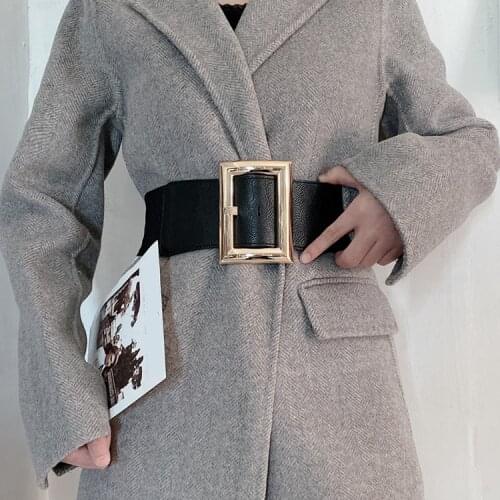 Fashion Wide Women Belts Elastic PU Leather Cummerbund HOT Big Pin Buckle Gold Metal Waist Belt Waistband Dress Coat Lady Gifts