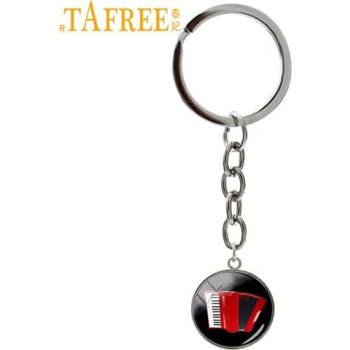 TAFREE Red Accordion keychain fashion elegant musical instrument art picture silver plated key chain popular music jewelry T494