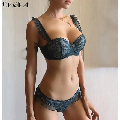 New Top Sexy Bra Panties Sets Lace Embroidery Lingerie Set Green Brassiere Deep V Push Up Bra Women Underwear Set Cotton 3/4 Cup