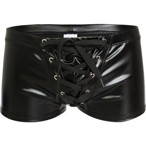 Boxer Shorts Men Patent Leather Sexy Faux Leather Lingerie Panties Drawstring Briefs Hombre Swimwear Underwear Nightclub Costume