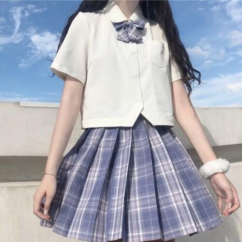 Japanese College JK Uniform Suit Female 2020 Summer Bow Short-Sleeved Shirt + High Waist Pleated Skirt japanese school uniform