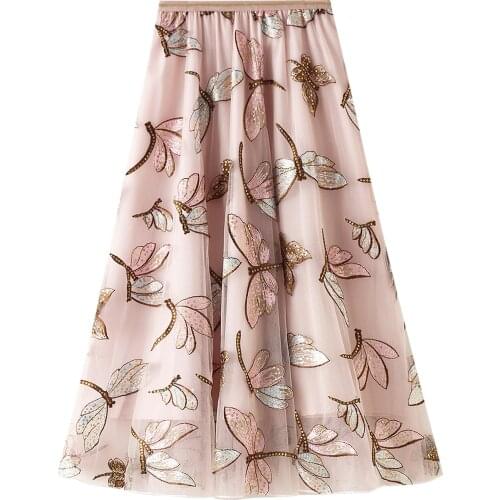 Women A-Line Tulle Skirt, Casual High Waist Dragonfly Embroidery Mesh Flowy Midi Skirt