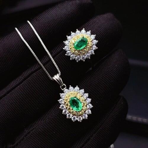 Jewlery Natural Emerald Ring and Pendant 925 Silver Emerald Jewelry Set Fashion Silver Emerald Jewelry for Daily Wear