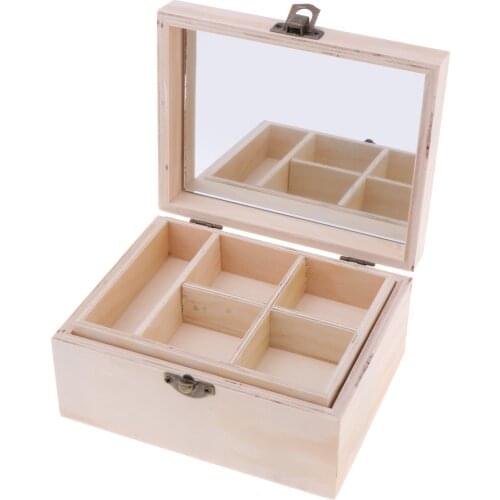 Mirrored Makeup Organizer Plain Wooden Storage Box Wood Jewelry Case Display for Home Room Shop Decor