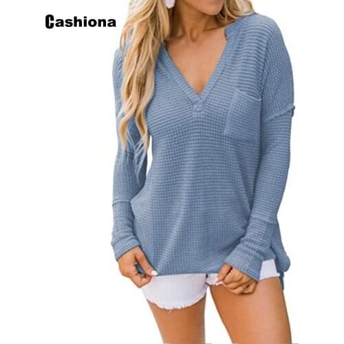 Cashiona Plus size 3xl Women Elegant Leisure Casual V-neck T shirt New Pacthwork Pockets Long Sleeve Womens Top Blue White