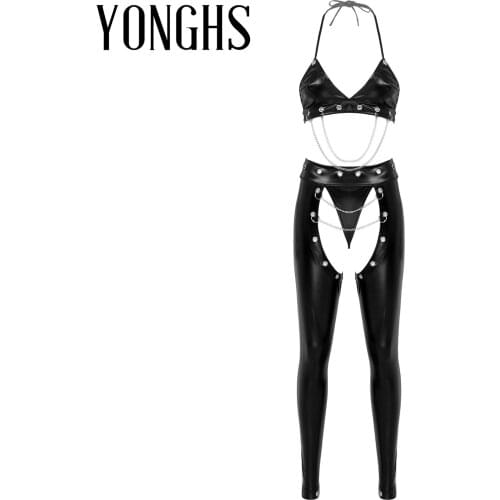 Womens Erotic Lingerie Sets Patent Leather Metal Chain Decor Halter Bra Top Bralette with Crotchless Pants G-string Brief Bottom