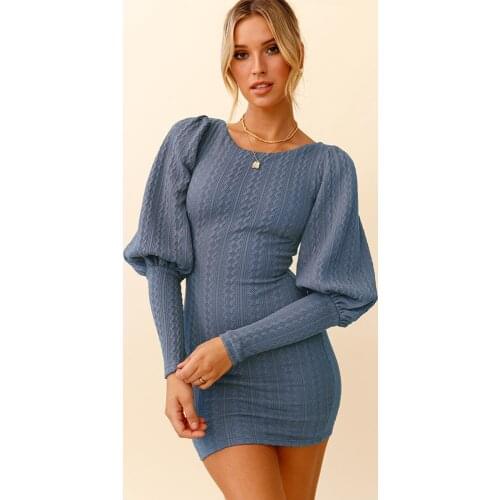 Women Vintage Lantern Sleeve Knitted Sweater Dress Long Sleeve O neck Sheath Sexy Mini Party Dress 2021 Winter New Fashion Dress