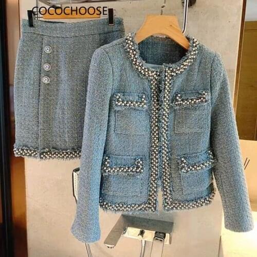 New 2019 autumn winter women formal tweed jacket pearls beading small pocket + mini skirt suit two piece outfits blue beige