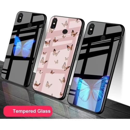 Butterfly Tempered Glass Phone Case For Redmi Note 5 6 7 8 9 Pro Note8T Note9S Redmi8 9 Cover Shell