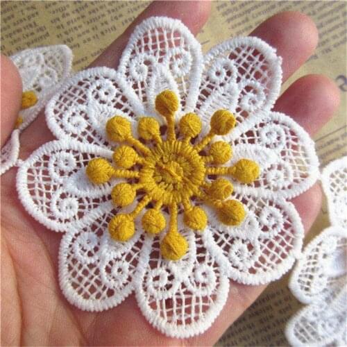 10x White and Camel Cotton Flower Embroidered Fabric Lace Edge Trim Applique Ribbon DIY Sewing Supplies Craft Decoration 7cmx7cm
