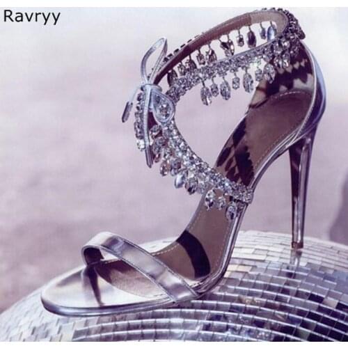 Crystal Shoes Summer bling bling rhinestone tassel decor Woman silver sandals lace up Sexy Pumps thin heel female dress shoes