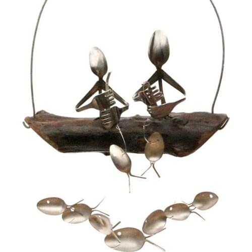 Fishing Man Wind Chime Wooden Boat Spoon Fish Sculptures Wind Chime Indoor Outdoor Hanging Ornament Decoration 1/2/3 Persons