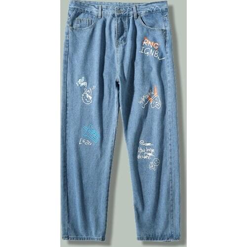 Hip Hop Korea Anime Graffiti Print Jeans Men Harajuku Streetwear Cartoons Loose Straight Pants 2021autumn Baggy Joggers Trousers