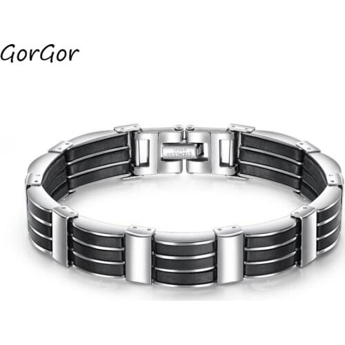GorGor Bangles Men Stainless Steel with Silica Gel Pattern Link Black Simplicity Individuality Fashion Accessories TS-959
