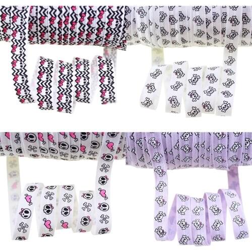 Halloween Witch Pumpkin Bat Skull Spider Web Ghost Print Fold Over Elastic FOE Ribbon Diy Gift Decoration Accessory 16mm 50Yard