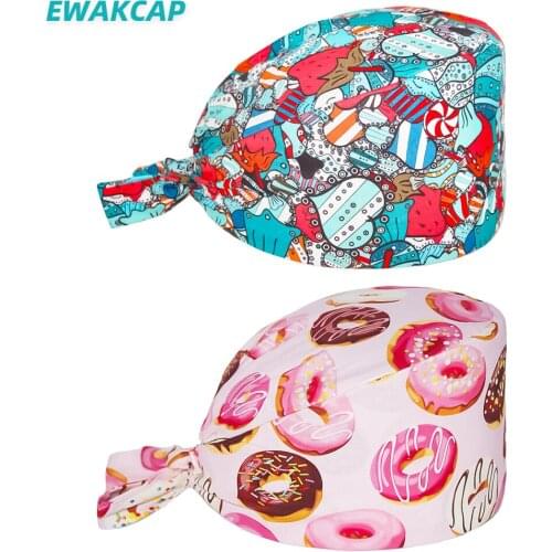 Women Men Surgical Cap candy Printing Nurse Doctors Tie back Hat Cotton Dentist Lab Vet Clinic Beauty Salon Working Scrub Caps