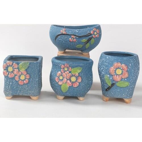 Korean Ins Hand Painted Succulent Ceramic Flowerpot Creative Pinch Flower Blue Thumb Basin Home Decor Creative Gardening