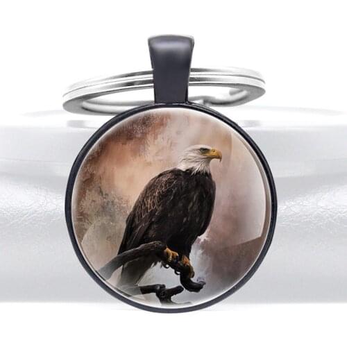 Classic Eagle Pattern Black Color Glass Dome Key Chains Casual Men Women Vintage Key Ring Jewelry Gifts