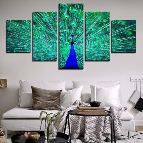 Modular Decor Wall Artwork Printed Pictures Painting Poster HD Home 5 Panel Peacock Animal Modern Canvas Living Room Framework