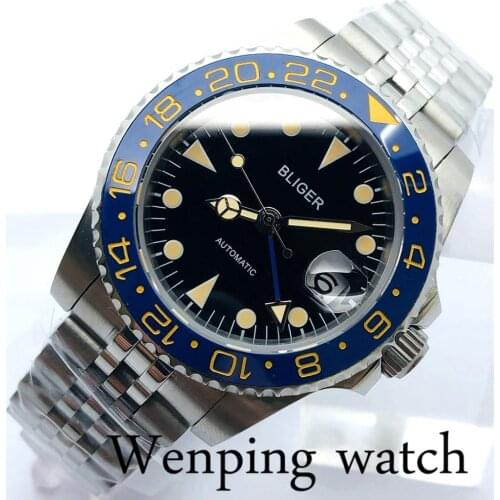 Bliger Top Luxury Brand 40mm Silver Case Sapphire Glass Ceramic Bezel Black Dial Date Luminous Mens Automatic Watch