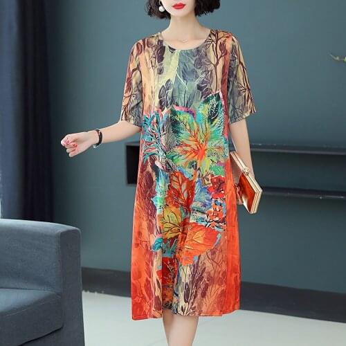 New Imitate Silk Dress Spring Summer Floral Print Women Dress Loose Fashion High Quality Casual Elegant Dress Female vestidos
