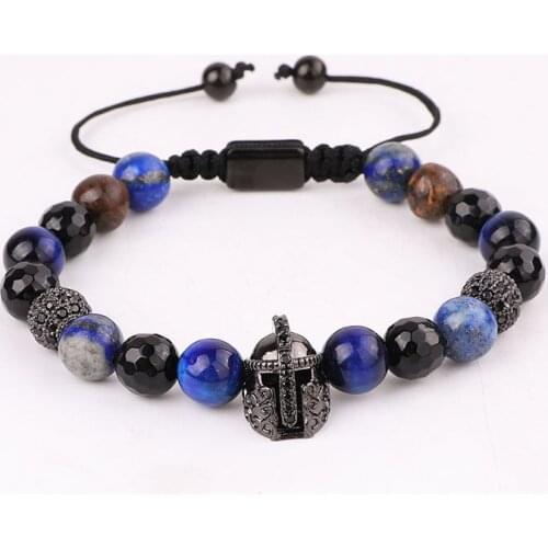 New Design Natural Stone CZ Helmet Skull Charm Friendship Macrame Adjustable Beads Bracelet Men