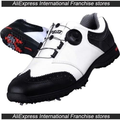 PGM Mens Shoes Rotating Buckle Lace Activity Nail Training Tennis Shoes Waterproof Microfiber Leather White Black US7-US10