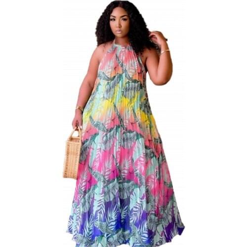 African Pleated Dresses Women 4XL 5XL Plus Size Sleeveless Robes Fashion New Summer Bohemian Beach Holiday Maxi Dress Vestidos