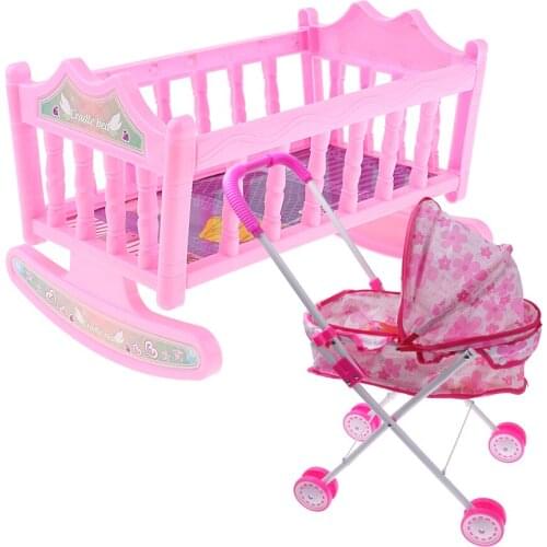 Pink Doll Pram Buggy Plastic Pushchair Stroller & Baby Bed Crib Miniature For 25-28cm Doll Kids Pretend Play Toys