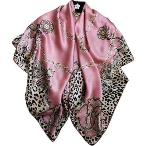 Women Leopard Print 100% Silk Scarf Vintage Square Shawl Wraps Summer Sunscreen Capes 110cm Beige Pink Blue