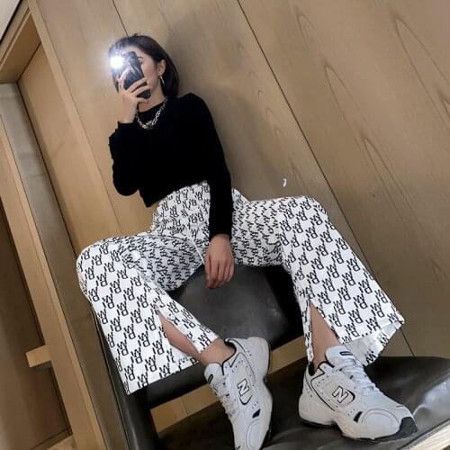 2021 Spring New Wide Leg Pants For Women Letters Printed Loose Split Buttons Elastic Waist Thin Trousers Female Sport Wear 2358