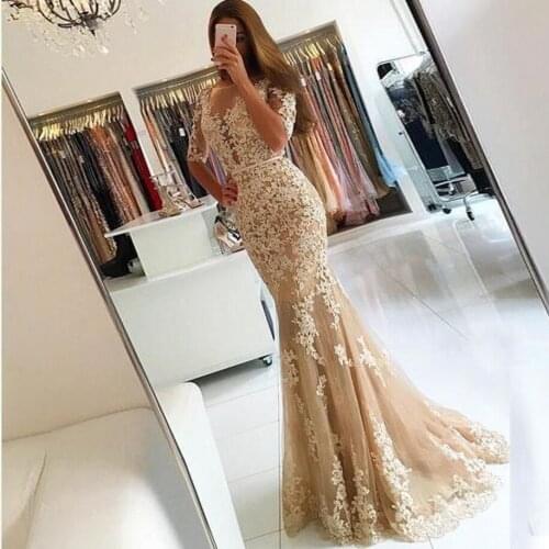 Abiye Gece Elbisesi Mermaid Evening Dress African Formal Dresses 2019 Champagne Lace Prom Gowns Muslim Women Vestido de Renda