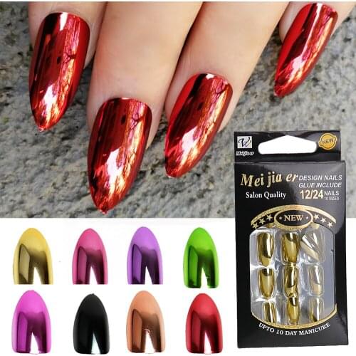 24pc Fake Nails Metallic Mirror Bright Gold Silver Faux Ongles Metallic Plating Punk Style Full Cover Nail Tips Press On Nails