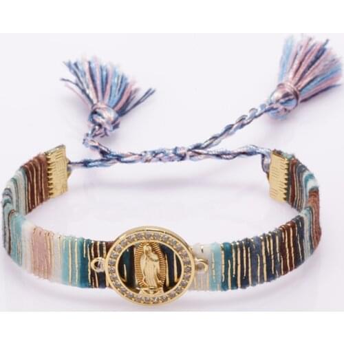 Virgin Mary statue collection Christian religious metal shell charm soft cotton silk wristband adjustable bracelet for woman