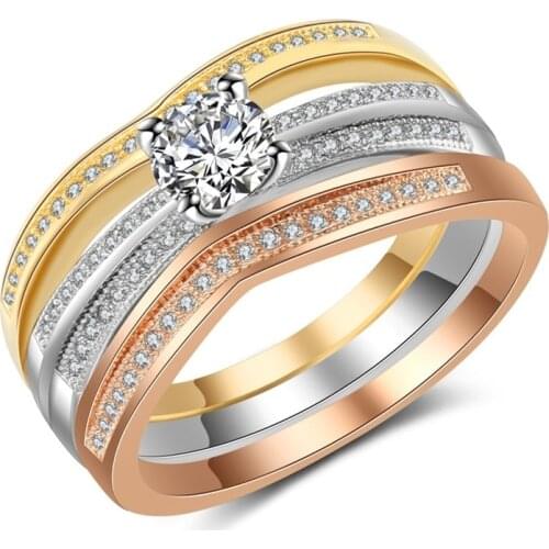 FDLK 3-in-1 Luxury Round Crystal Ring AAA Cubic Zirconia Women Wedding Engagement Band Ring Set - Matching Rings Wholesale