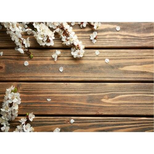 Planks Backdrop White Little Flowers and Brown Wooden Board Photography Background Holiday Celebration Photo Booth Studio Decor