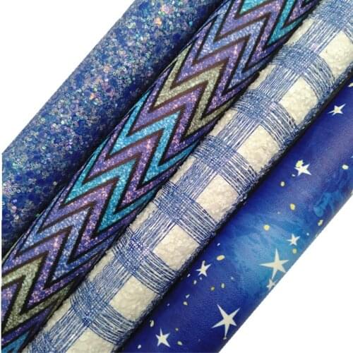 Blue Glitter leather, Pliads Arrows Stars Printed synthetic leathe Glitter Faux Leather Sheets For Bows DIY 21x29CM KM788