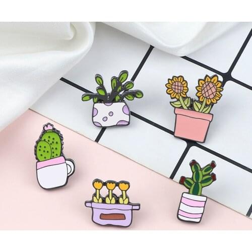 Sunflower Potted Plant Metal Enamel Brooches Fashion Cartoon Cactus Badges Pin Cute Backpack Coat Lapel Pins Jewelry Accessories