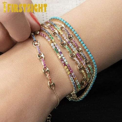 New Gold Color CZ Paved Puffed Marine Link Chain Bracelet Rainbow CZ Coffee Bean Chain Bracelets Women Jewelry