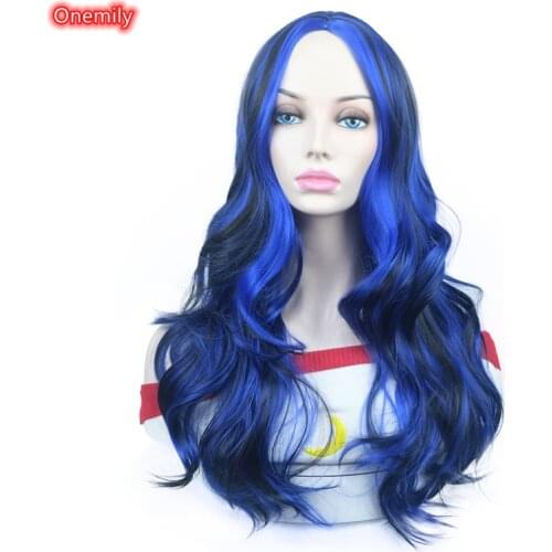 Onemily Long Wavy Halloween Costume Party Cosplay Wig Heat Resistant Natural Black Blue Mixed Wigs