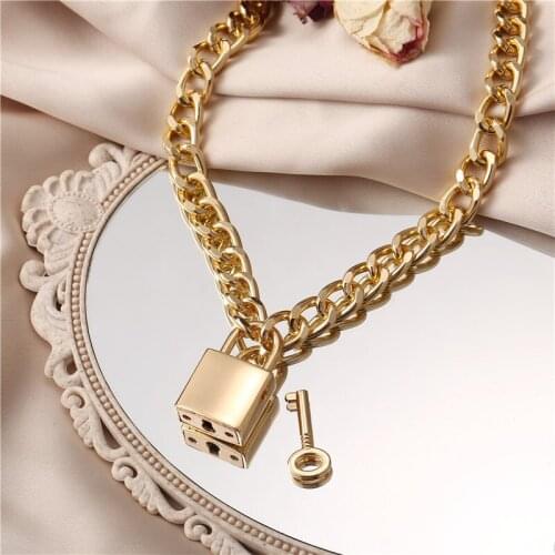 2020 Gold Thick Chain Punk Goth Lock Necklace for Women Chunky Chain Lock Key Pendant Necklaces Statement Party Jewelry