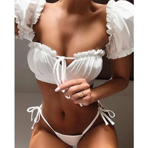 6 Colors Sexy Frill Trim Pleated Bikini Swimsuit Female Women Swimwear Two-pieces Bikini set Lace Up Bather Bathing Suit