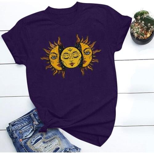 Plus Size T-shirts Womens Vintage Retro Sun Moon Printed Graphic Casual Fashion Short Sleeved T-Shirt Tops camiseta feminina