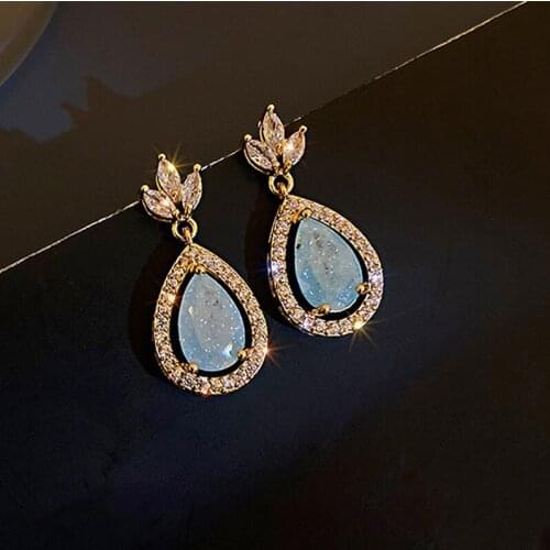 Luxury Chic Zircon Geometric Blue Crystal Water Drop Earrings Brincos For Women Girls Fashion Party Jewelry Dangle Earrings Gift