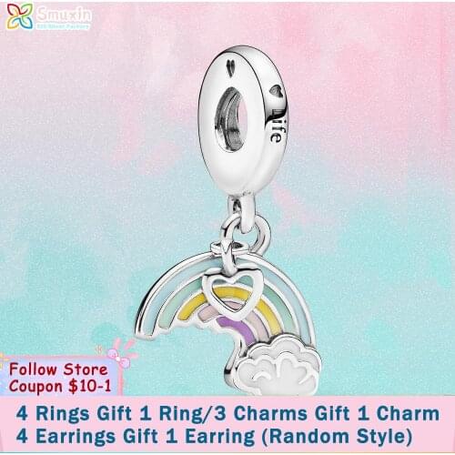 Smuxin 925 Sterling Silver Beads Rainbow & Cloud Dangle Charms Pendant fit Original Pandora Bracelets Women Jewelry Girl Gift