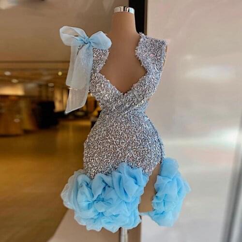 Light Blue Short Sequined Prom Dresses Ruffles Tulle Side Split Sexy Sleeveless Evening Gowns Gillter Cocktail Party Dress