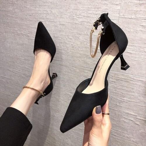 Single Shoes Womens New One-word Buckle Hollow Spring French Mid-heel Pointed High Heels Stiletto Shoes Woman